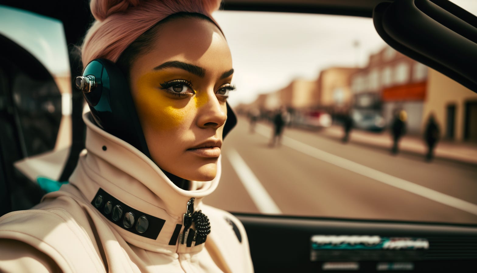 A woman driving a car, a woman sitting in the driver seat holding the steering wheel, wearing a racing outfit, and wears a white balaclava, ultra-wide shot from outside the car, center view, shot on Fujifilm Pro 400H --ar 16:9