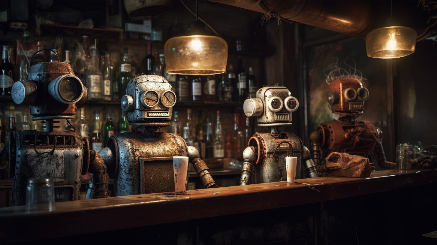 old rusty robots drinks at bar, Overhead light --ar 16:9 --v 5 --s 250