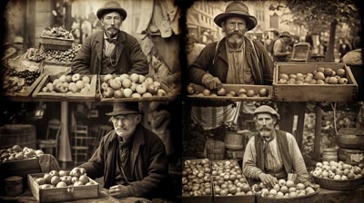 apple seller, Ambrotype Photography effect --ar 16:9 --v 5 --s 250