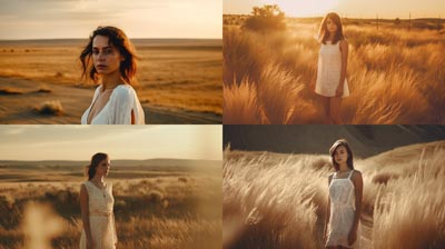 beauty girl in short white dress, golden hour in the steppe, fashion magazine, Kodak Gold 200 effect --ar 16:9 --v 5 --s 250