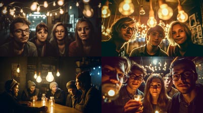 group of friends at beer bar with bulb lights above