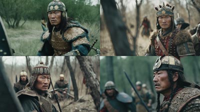 kazakh warrior in battle, cinematic, side shot, fujifilm superia camera --ar 16:9 --v 5 --s 250