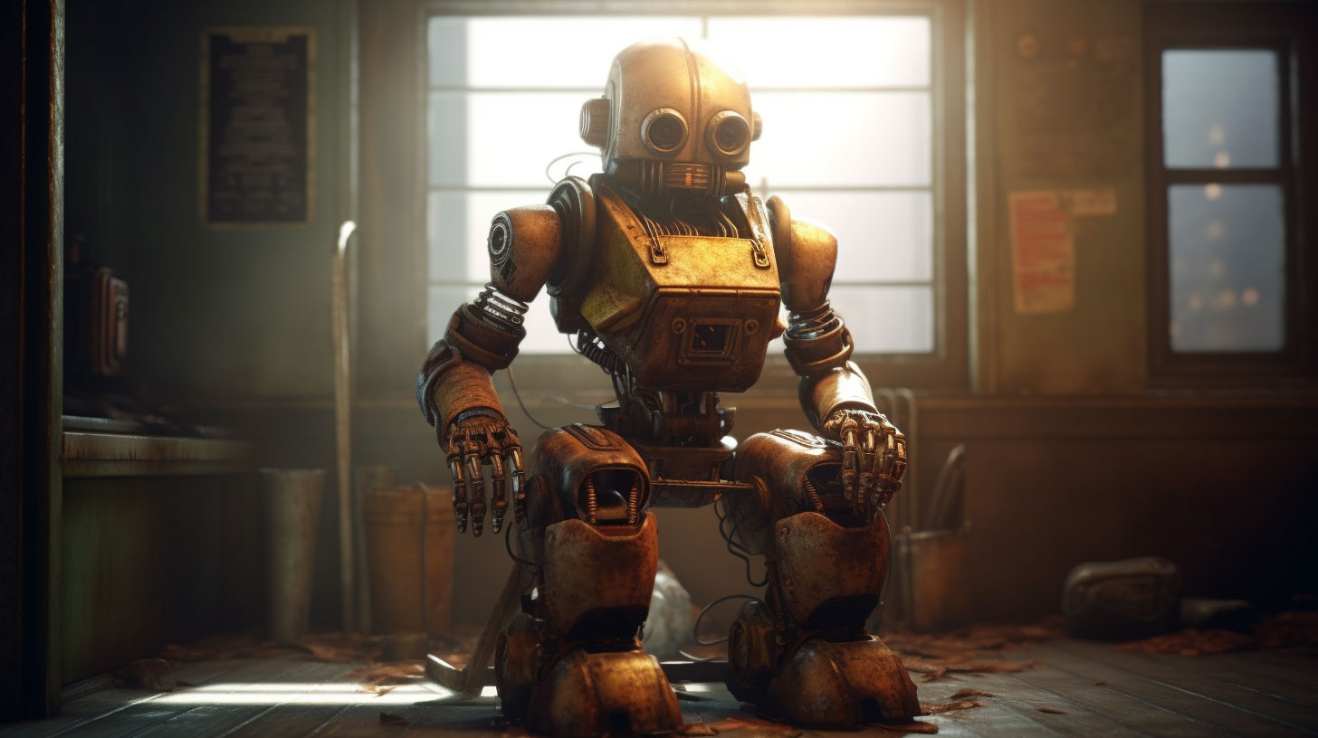 rusty angry robot sitting at police station