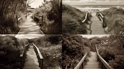 wooden walking path leading to the beach, Kodak 400TX effect --ar 16:9 --v 5 --s 250