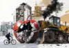 designerkz_A_collage_of_buildings_of_Almaty_a_protester_on_a_bike