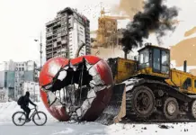designerkz_A_collage_of_buildings_of_Almaty_a_protester_on_a_bike