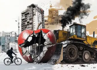 designerkz_A_collage_of_buildings_of_Almaty_a_protester_on_a_bike