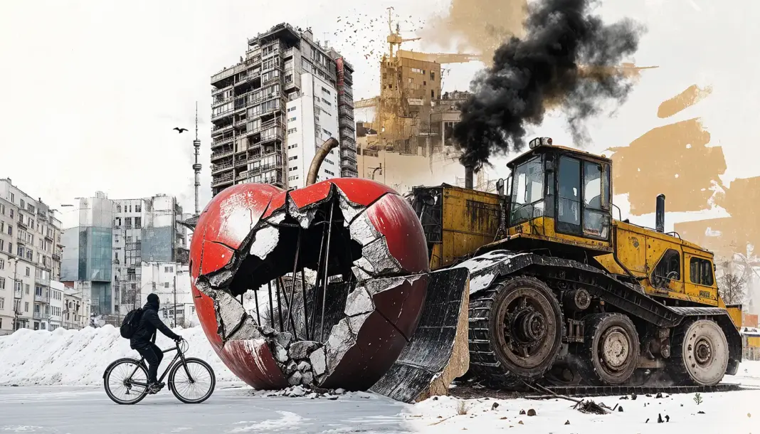 designerkz_A_collage_of_buildings_of_Almaty_a_protester_on_a_bike