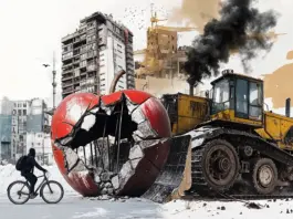 designerkz_A_collage_of_buildings_of_Almaty_a_protester_on_a_bike