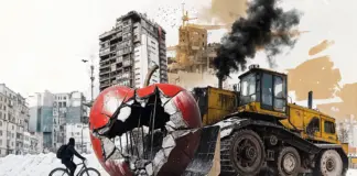 Почему урбанисты всегда против? designerkz_A_collage_of_buildings_of_Almaty_a_protester_on_a_bike