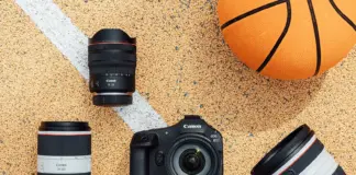 Canon 22-й год подряд сохраняет лидерство на мировом рынке цифровых камер со сменными объективами Canon EOS R1_Ambient_camera_and_lenses_on_basketball_court