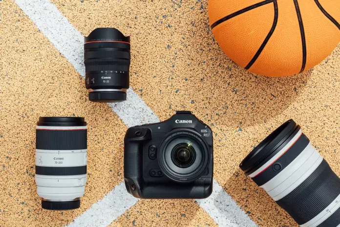 Canon EOS R1_Ambient_camera_and_lenses_on_basketball_court